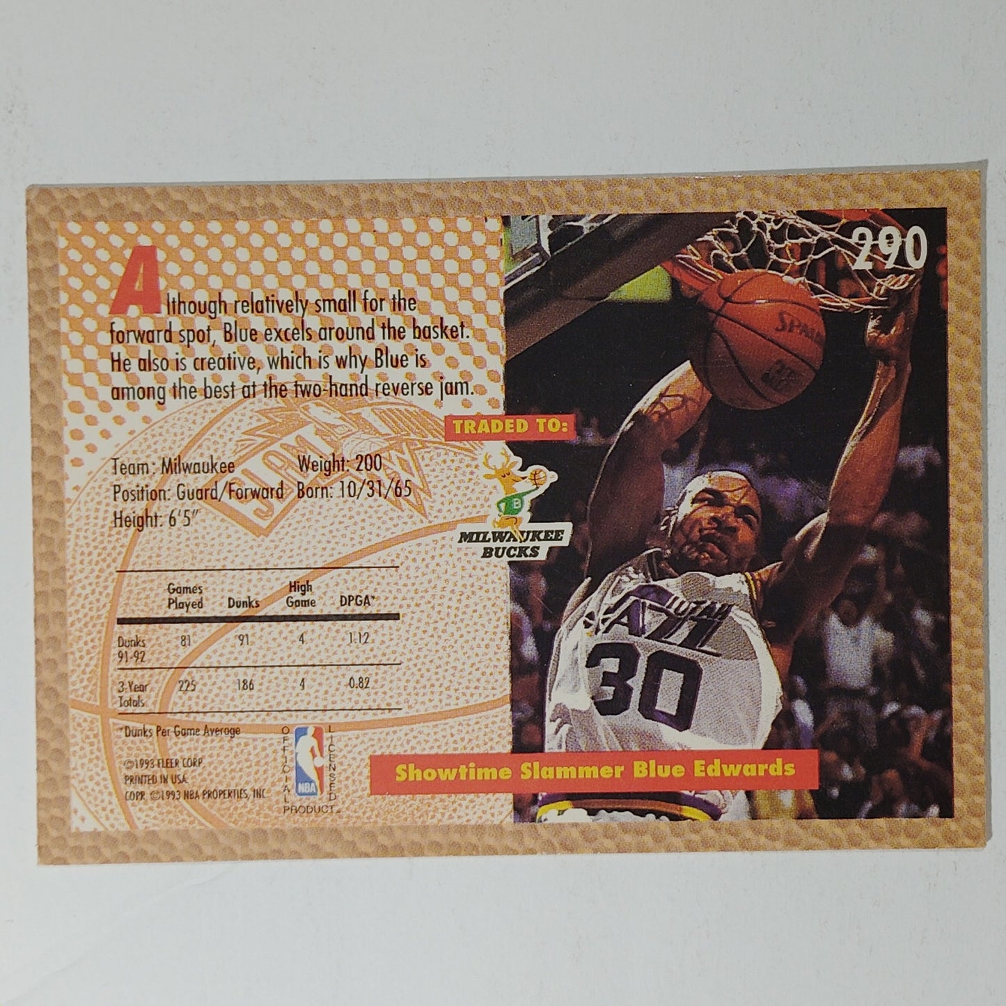 1992–93 Fleer Blue Edwards #290 – Utah Jazz – Slam Dunk – VG/EX