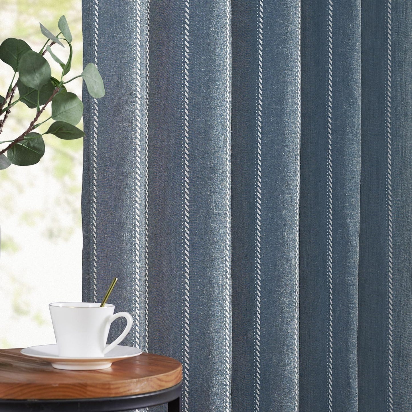Linen Curtains 50"W x 84"L Blue Sailor Striped Panels (2) Rustic Farmhouse