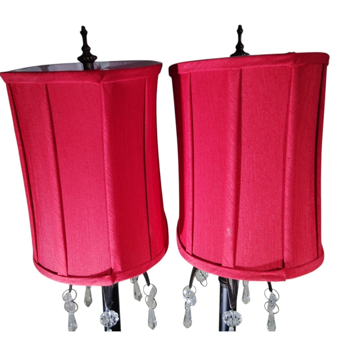 Vintage Lamps – Red Oval Shades, Acrylic Teardrops, Ornate Base, 34-3/4"H, EUC