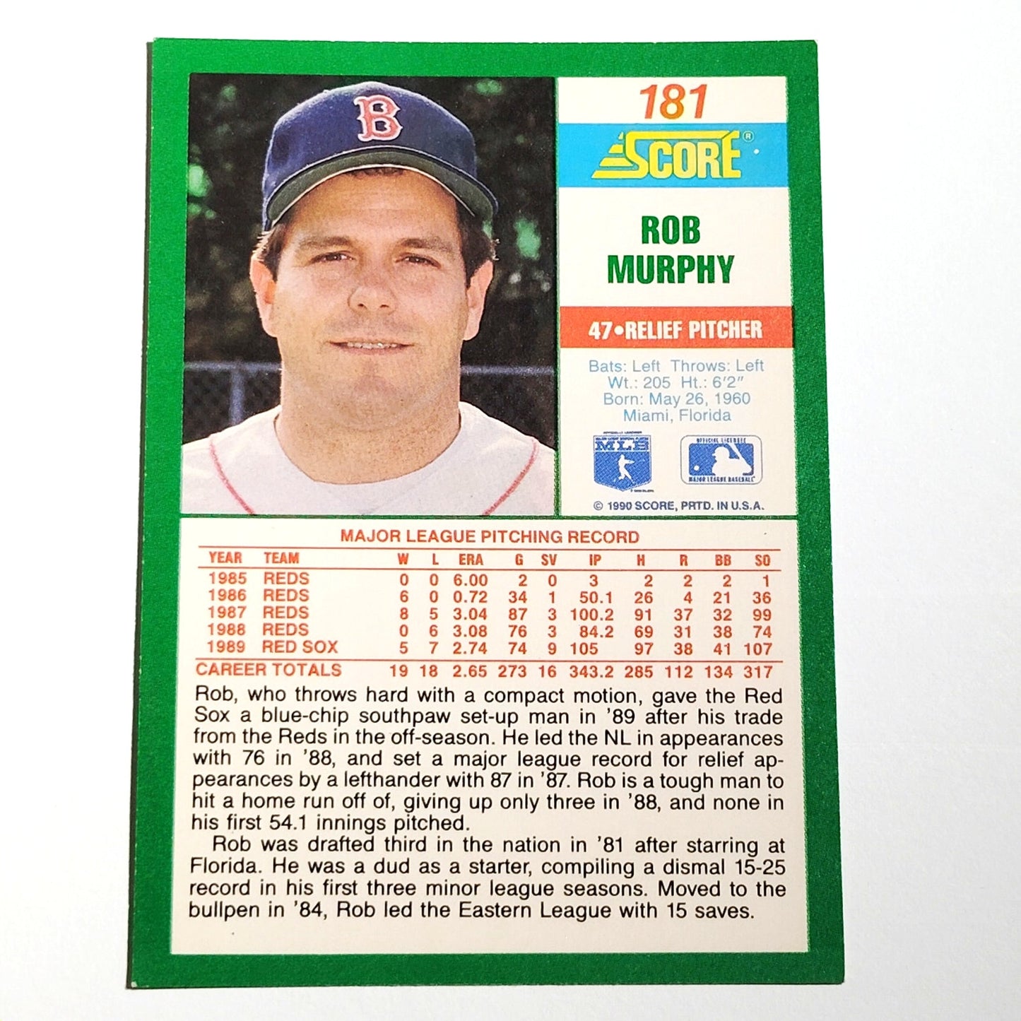 1990 Score Rob Murphy #165 Boston Red Sox Relief Pitcher MLB Baseball EX