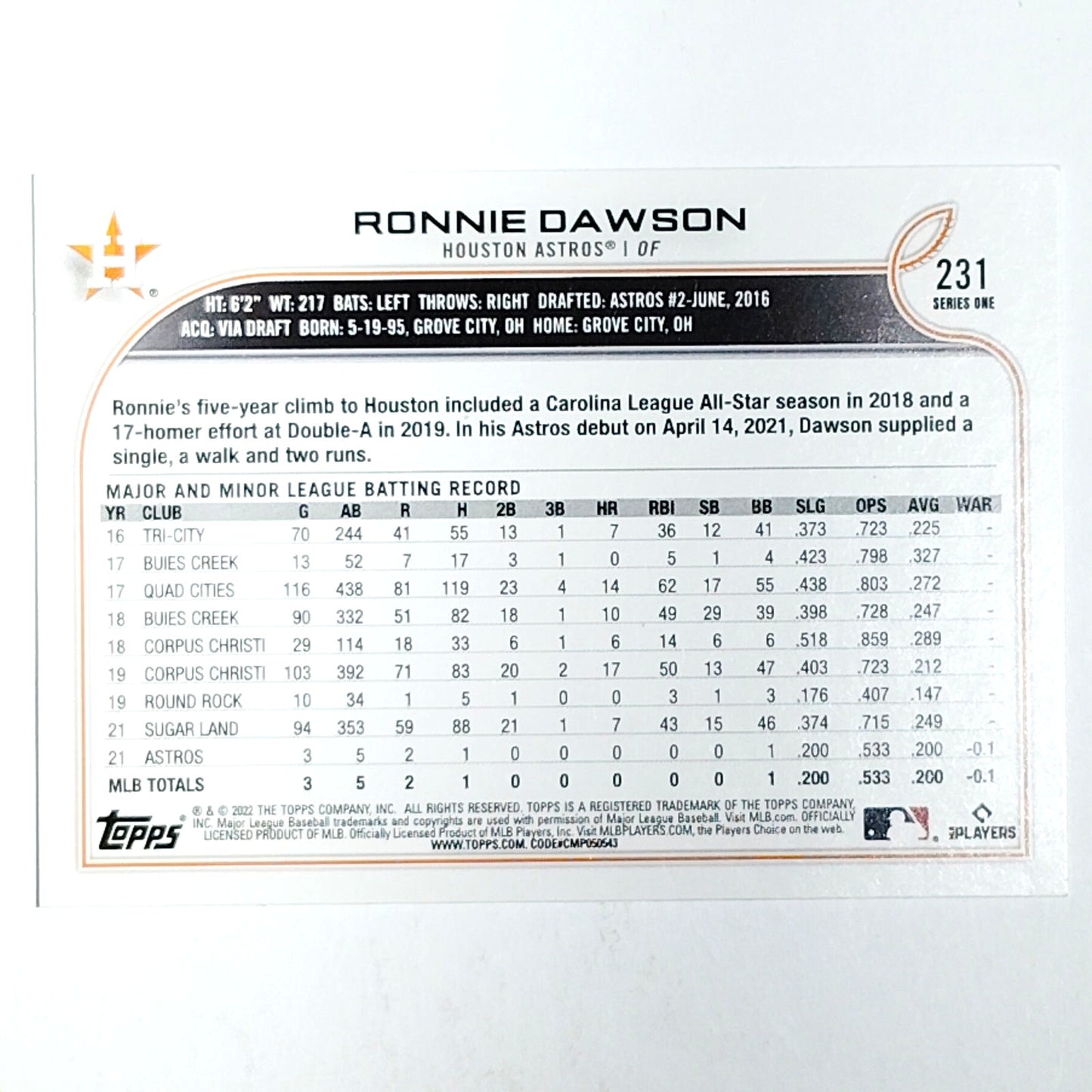 2022 Topps Series 1 #231 RC Ronnie Dawson Houston Astros Outfielder - VG/EX