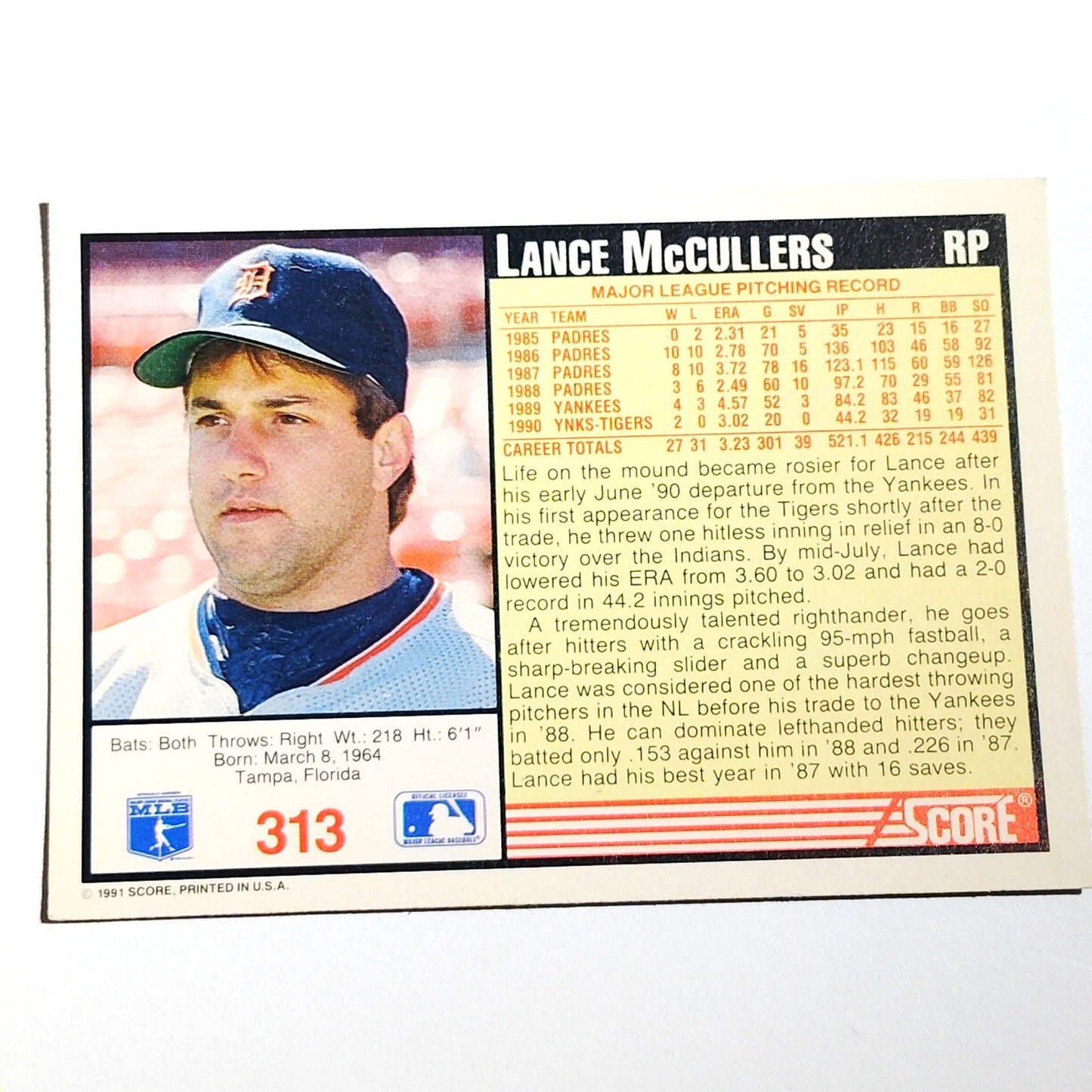 1991 Score Lance McCullers #313 Detroit Tigers Pitcher MLB Baseball Card NM