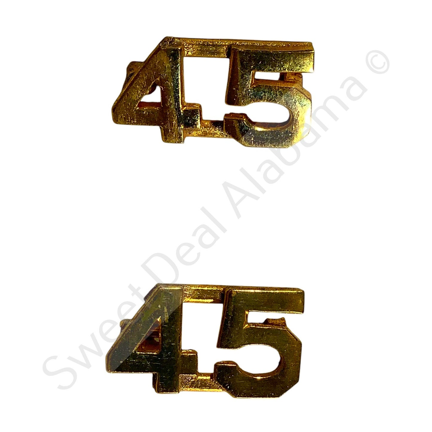 c.1920s Numeric "45", Brass Military C-Clasp Hat / Collar Pins Set 3/8"H