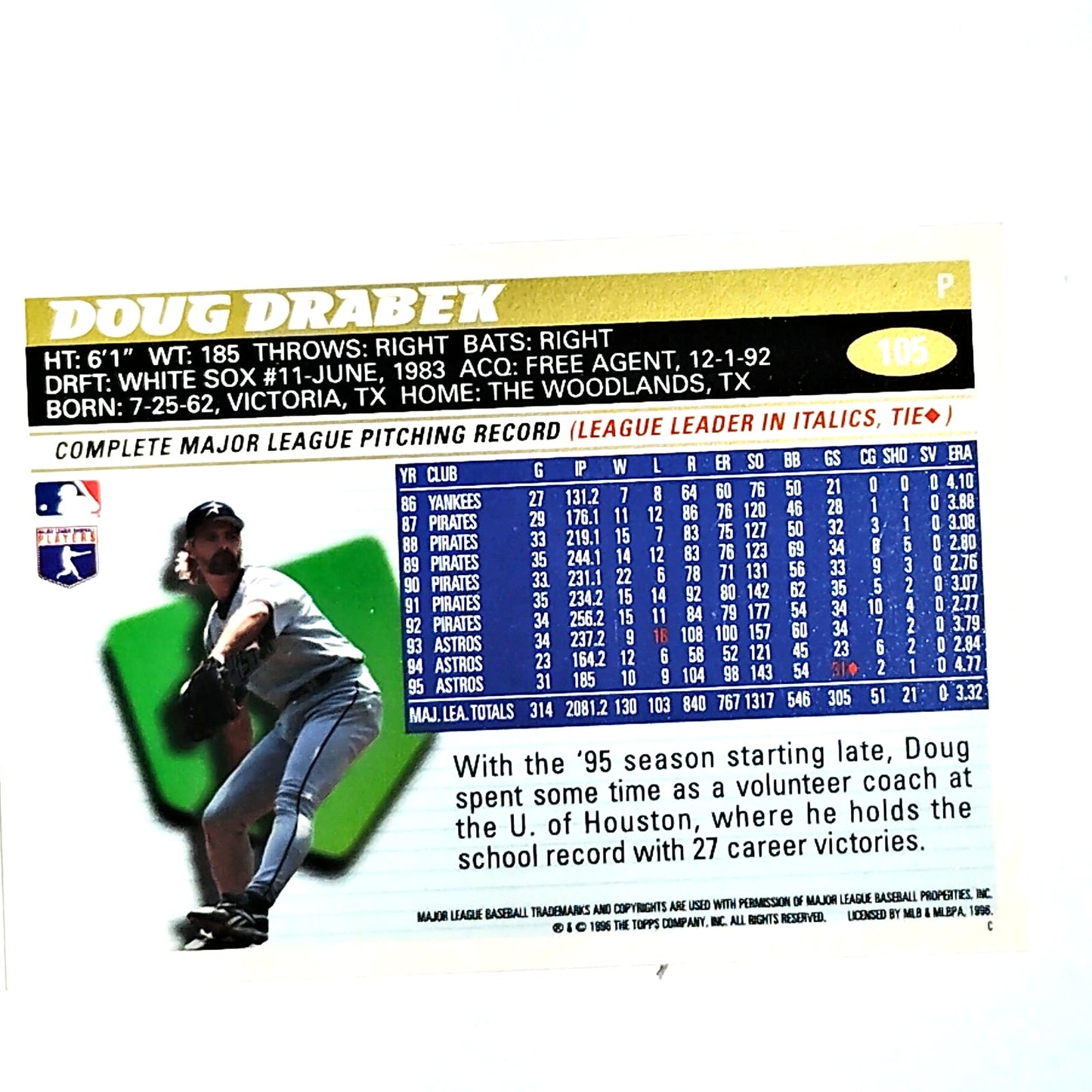 1996 Topps #105 Doug Drabek Houston Astros Pitcher - VG/EX