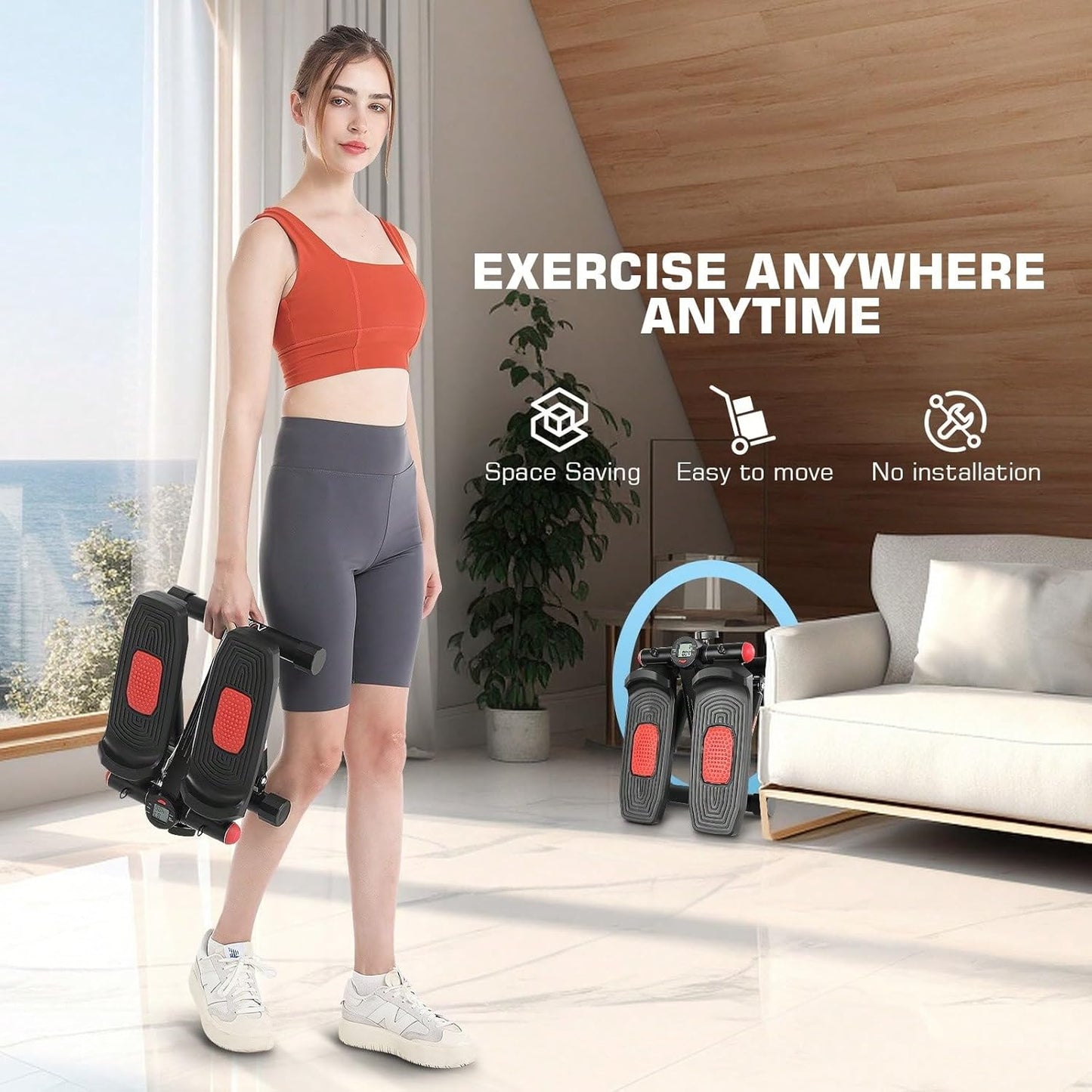 Stepper w/ Resistance Bands, Hydraulic Mini Stepper w/ LCD Monitor, Full Body Cardio Steppers