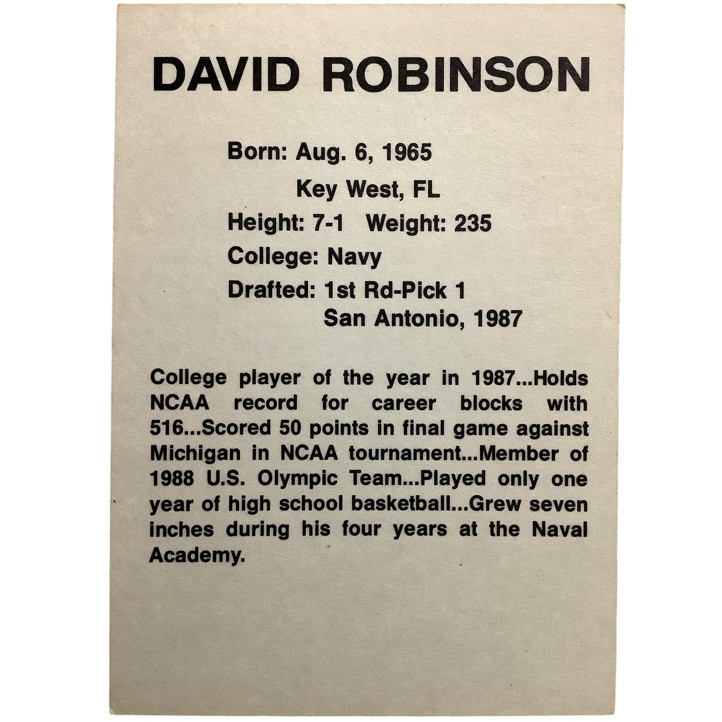 Rare David Robinson (50) Navy Academy, San Antonio Spurs, Early Unbranded, EXC