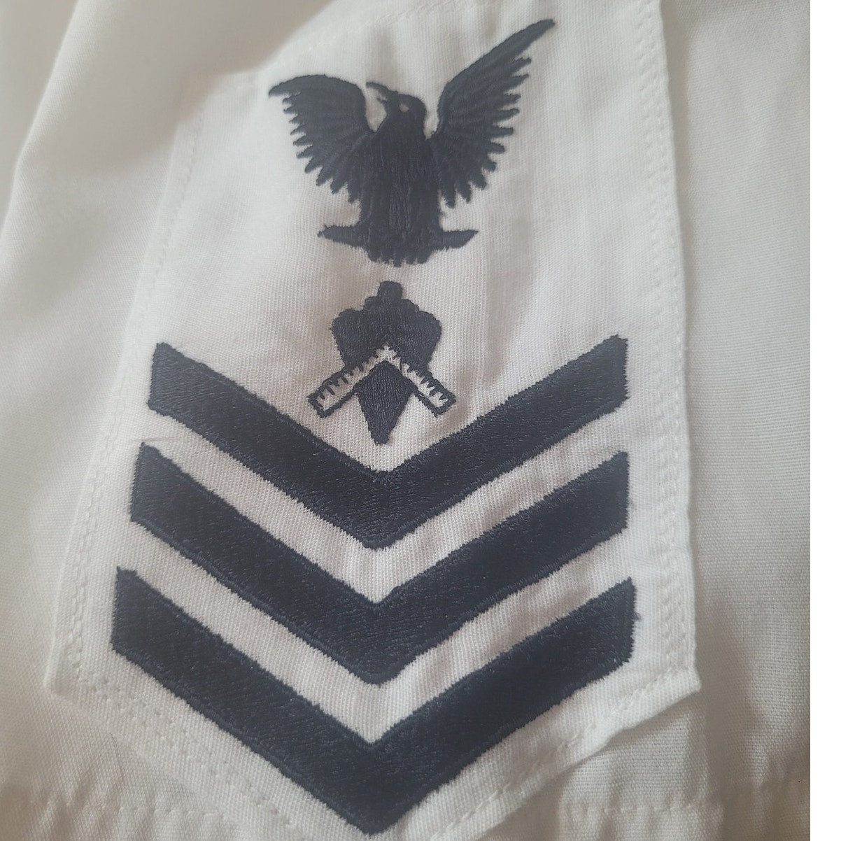 1984 U.S. Navy Tropical Short Sleeve Shirt, White, 65/35 Poly-Cotton, NAS Jacksonville & (E-6) Patch