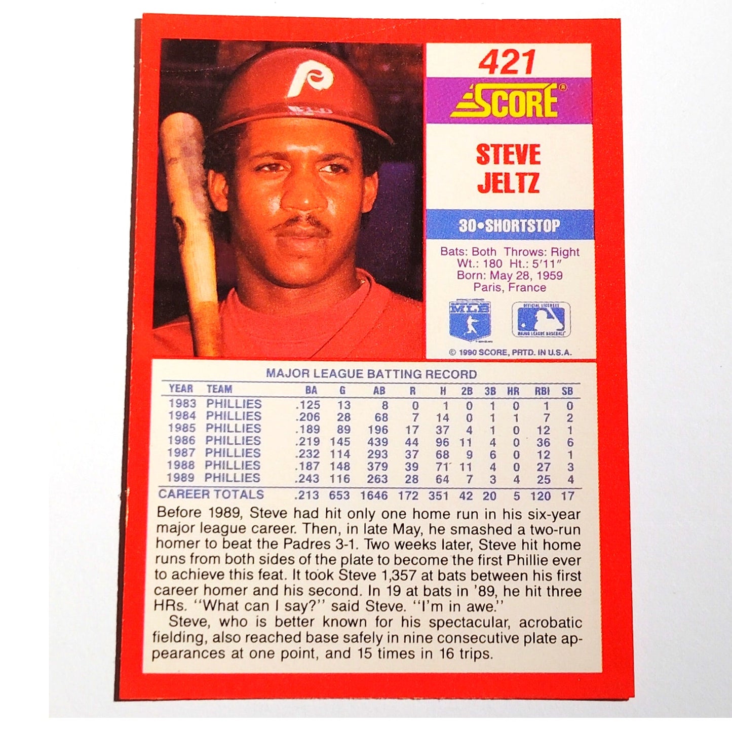 1990 Score Steve Jeltz #421 Philadelphia Phillies Infielder MLB Baseball EX