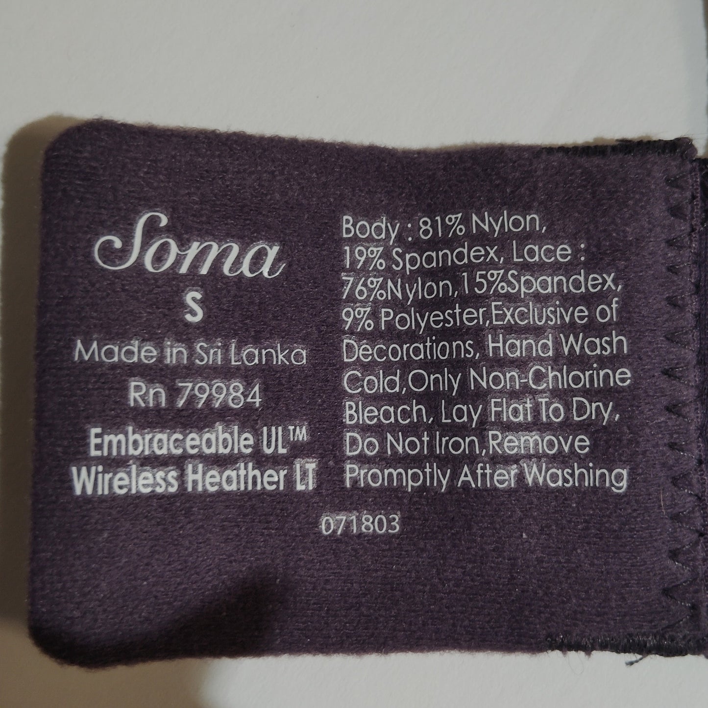 Soma Embraceable UL Wireless Bralette, Heather Violet, S 32A, 32B, 32C, and 32D