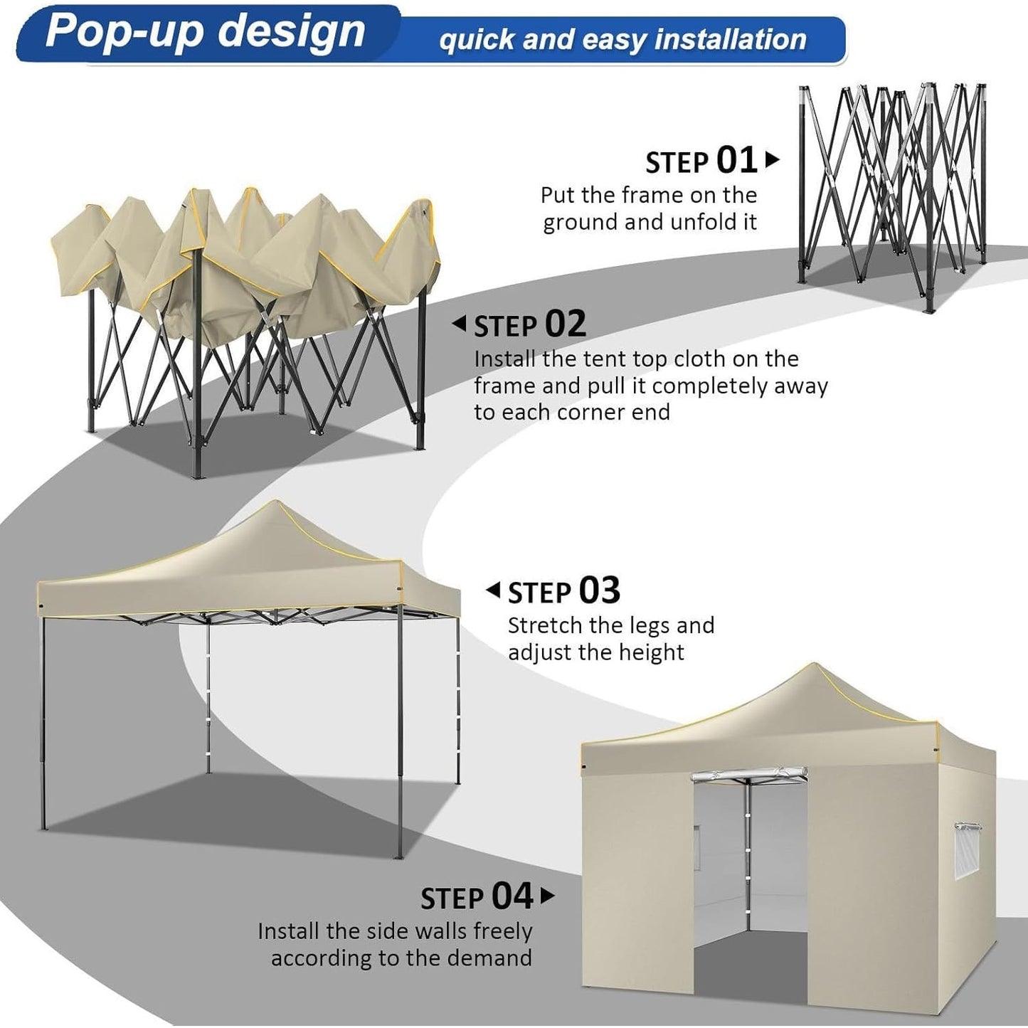COBIZI 10x10 Heavy Duty Pop-Up Canopy Tent – Khaki, 4 Removable Sidewalls, Waterproof, Portable Bag