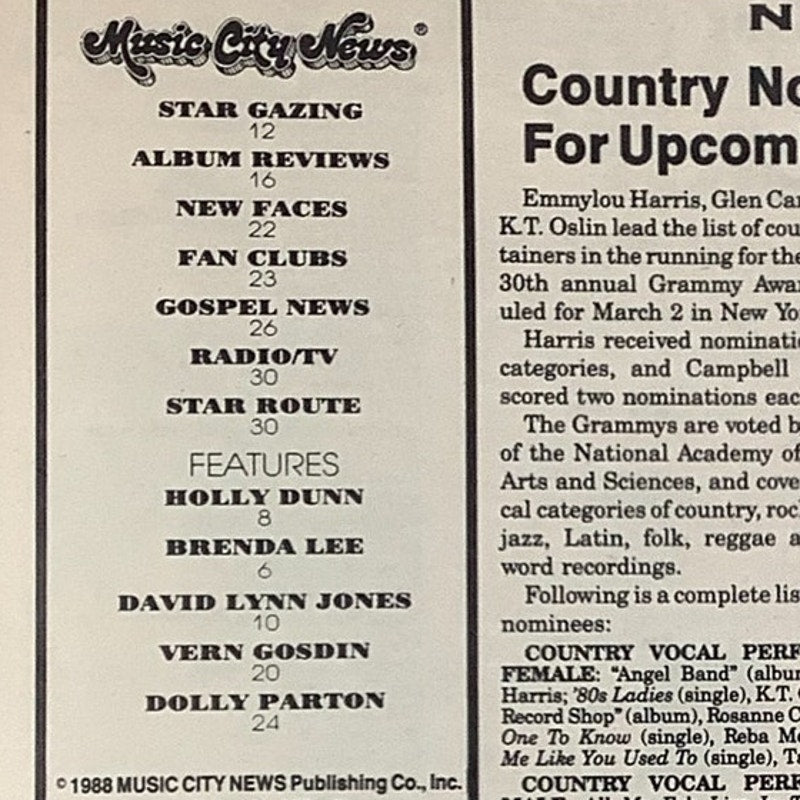 Music City News Magazine, Feb 1988 - Holly Dunn, Dolly Parton, Brenda Lee & More