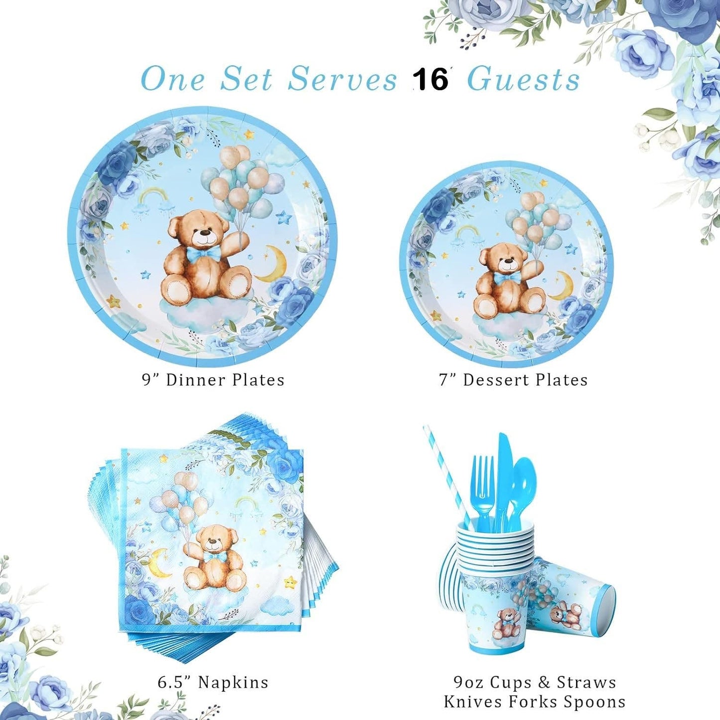 128 Pcs Bear Baby Shower, Boy's Birthday, Serving Set for 16 Guests