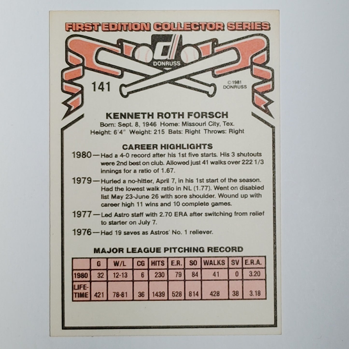 1981 Donruss Ken Forsch #141 Houston Astros Pitcher Portrait Shot