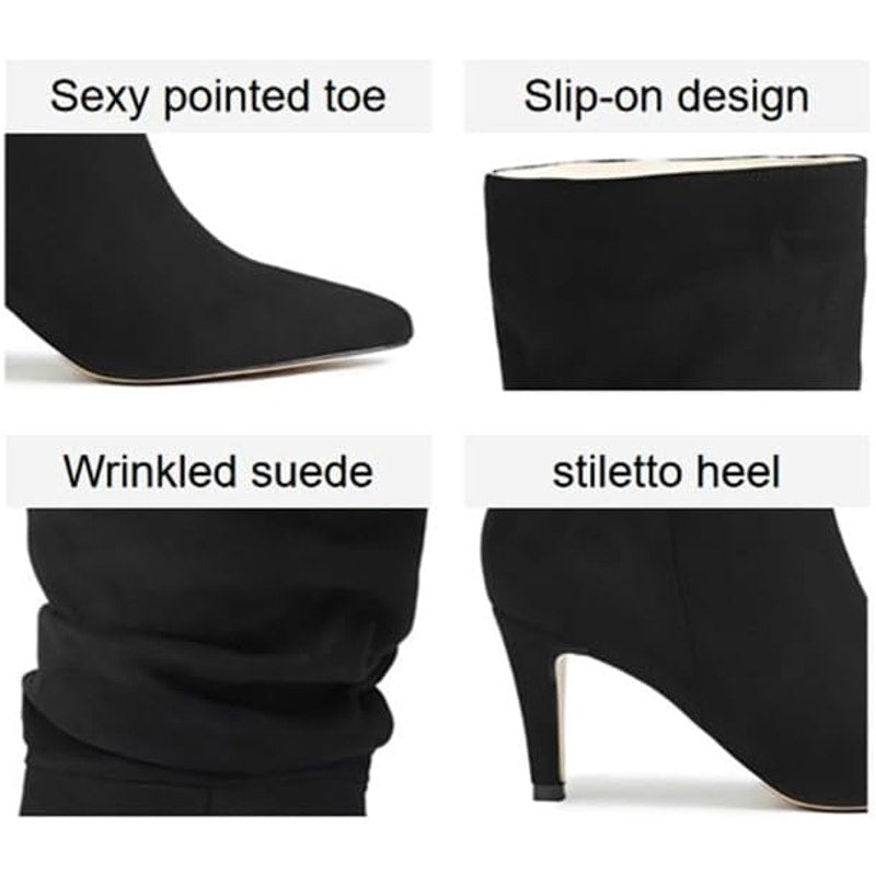 Mid Calf Boots Pleated Suede Stiletto Pointed Toe Slouchy Slip On Ankle Boots