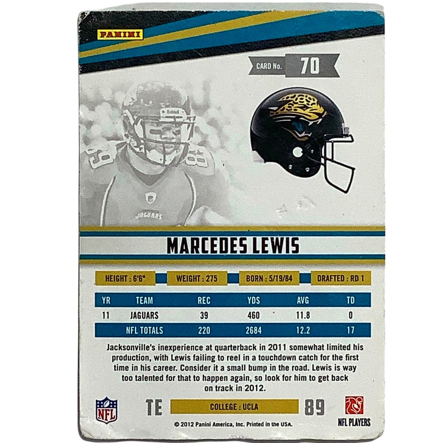 Marcedes Lewis, Jacksonville Jaguars, NFL 2012 Panini RS Card 89, VG
