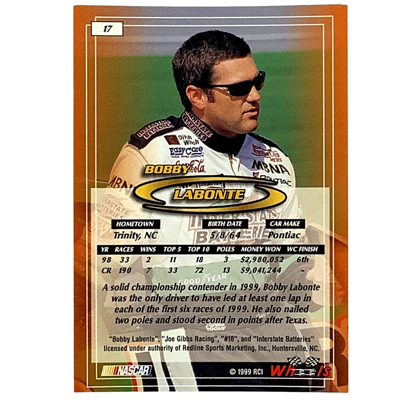 Bobby Labonte Interstate Batteries, Card 17, 1999 Wheels NASCAR Winston Cup, NM+
