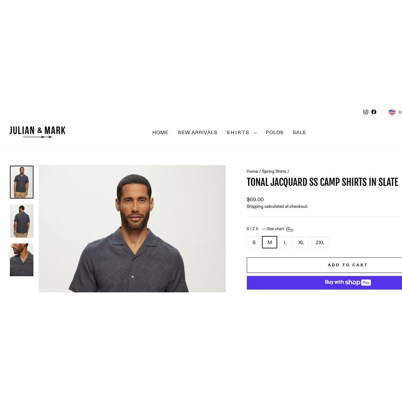 Julian & Mark Tonal Jacquard SS Camp Med. Cotton Shirt – Slate | Button-Down
