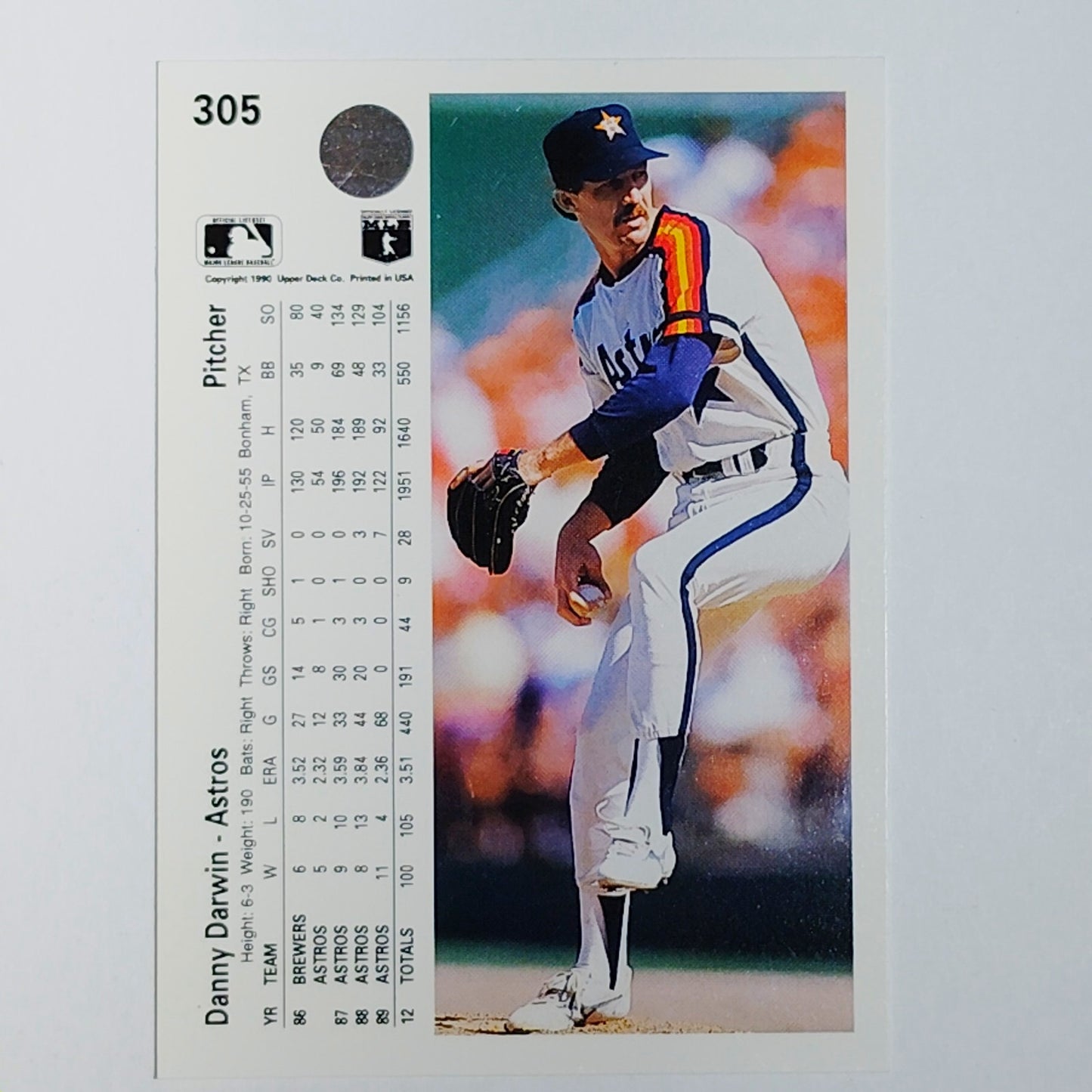 1990 Upper Deck Danny Darwin #305 Houston Astros Pitcher Portrait - VG/EX