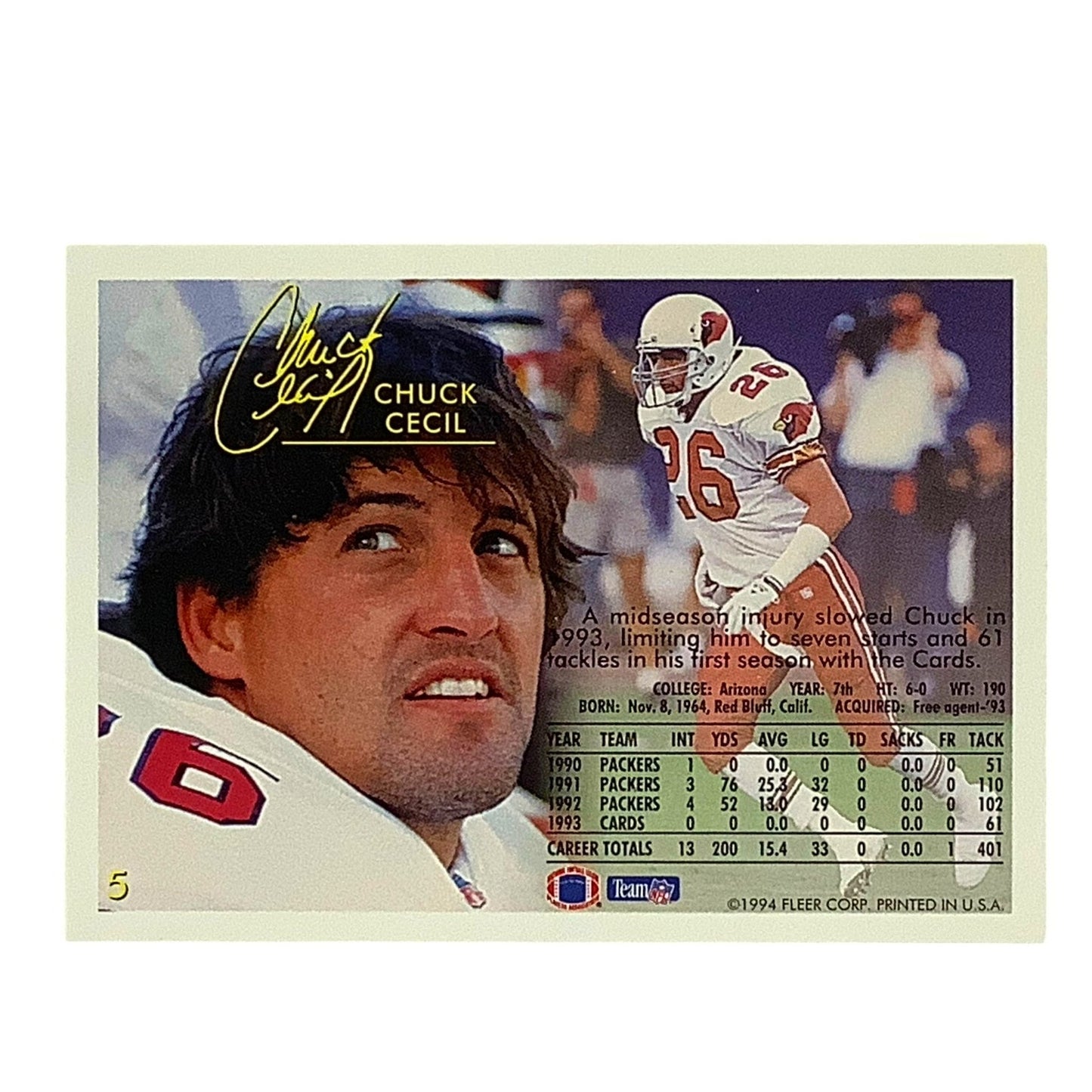 Chuck Cecil, Arizona Cardinals, NFL Fleer 1994 Card 5, EX/NM
