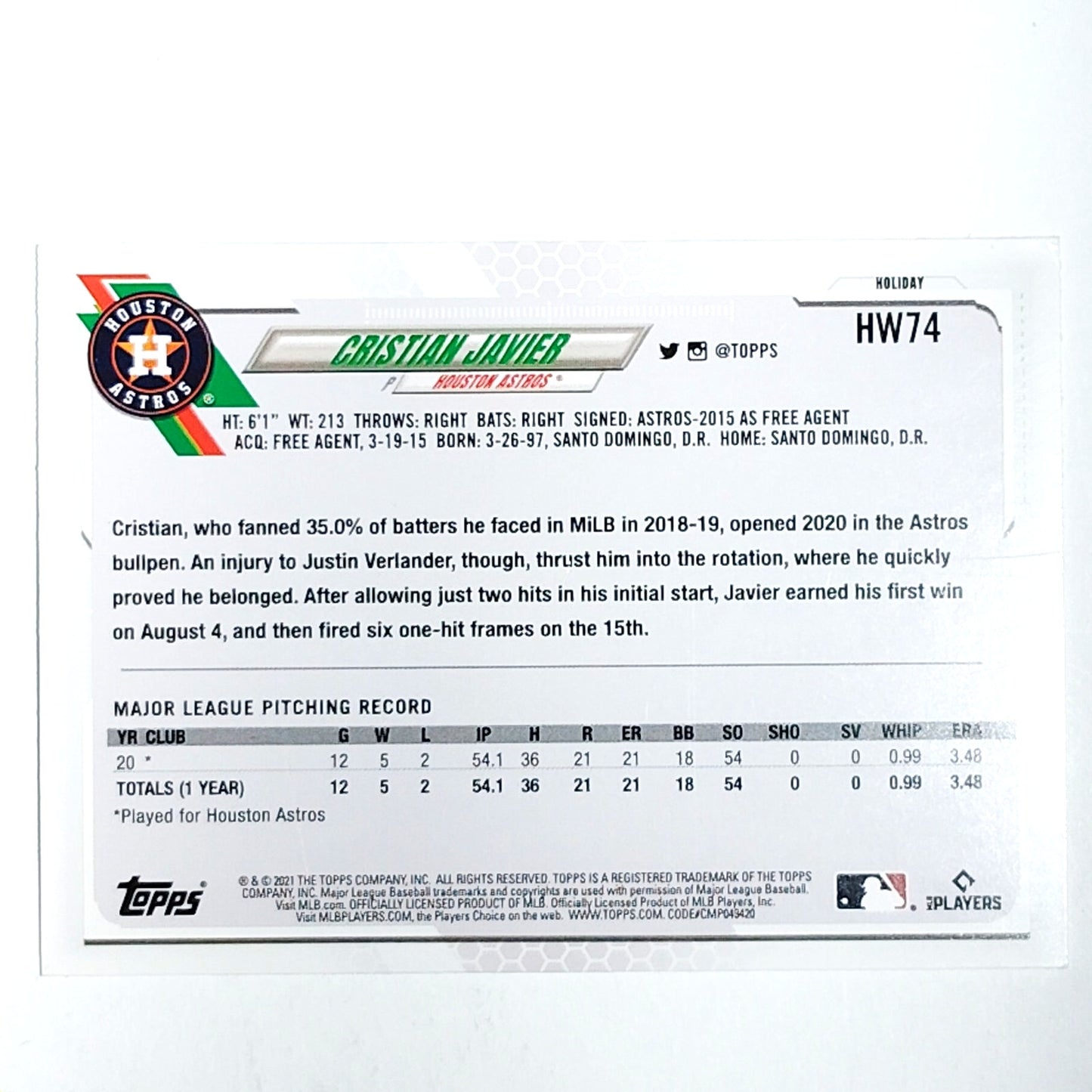 2021 Topps Holiday Cristian Javier HW74 RC Houston Astros Rookie Card VG/EX