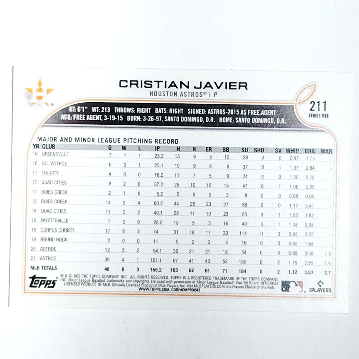 2022 Topps Series 1 #211 Cristian Javier Houston Astros Pitcher - VG/EX