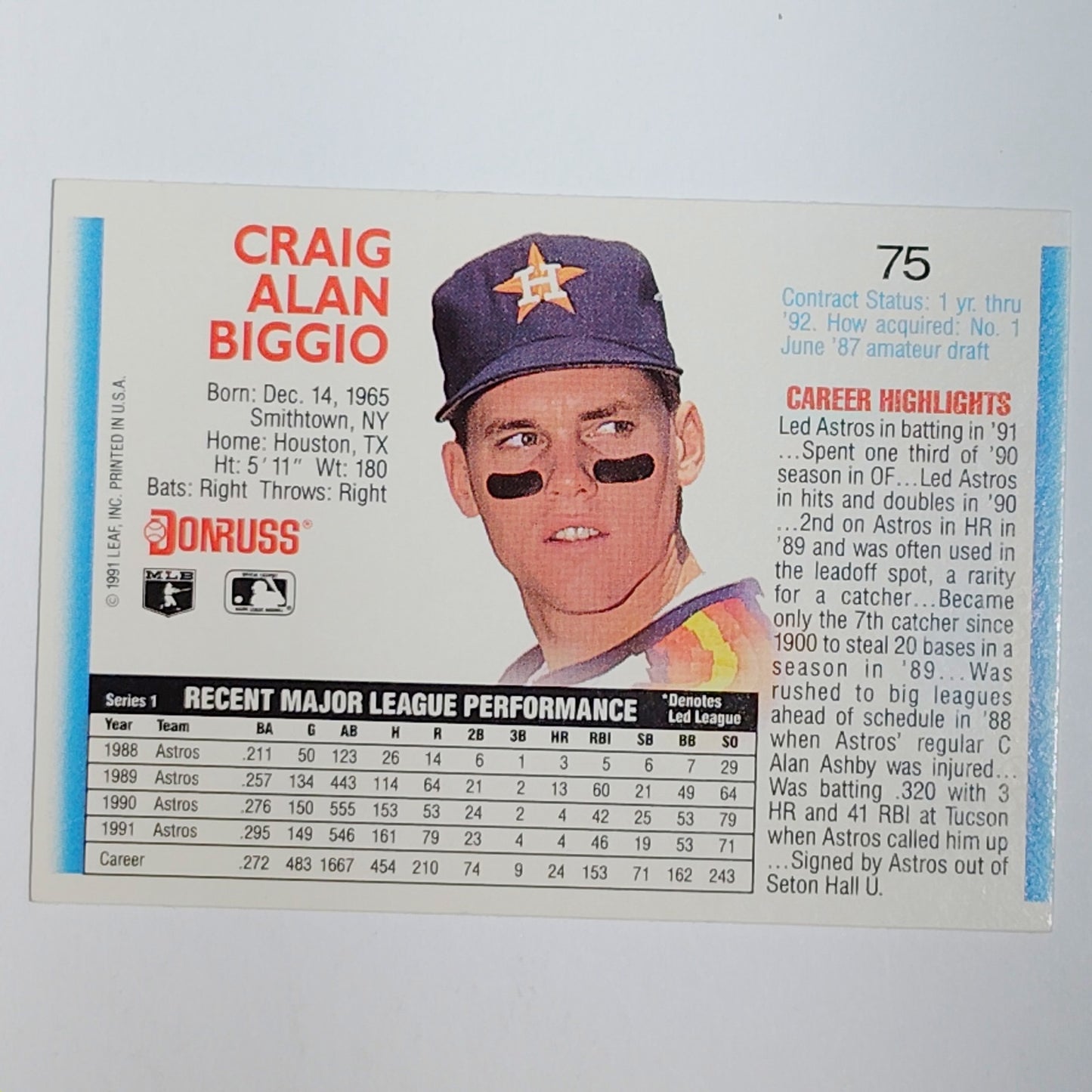 1992 Donruss #75 Craig Biggio Houston Astros Catcher - VG/EX