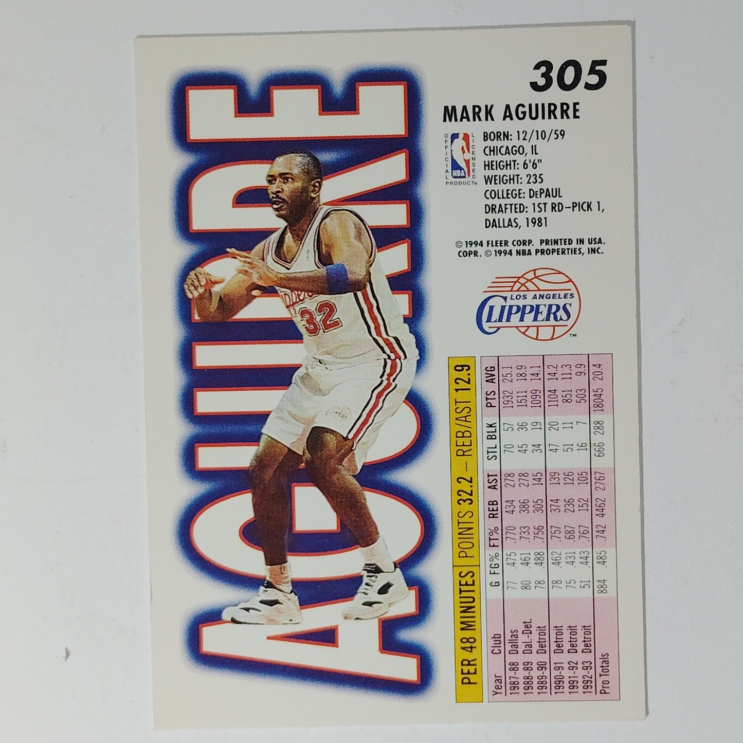 1993–94 Fleer Mark Aguirre #305 Detroit Pistons / Los Angeles Clippers, Forward