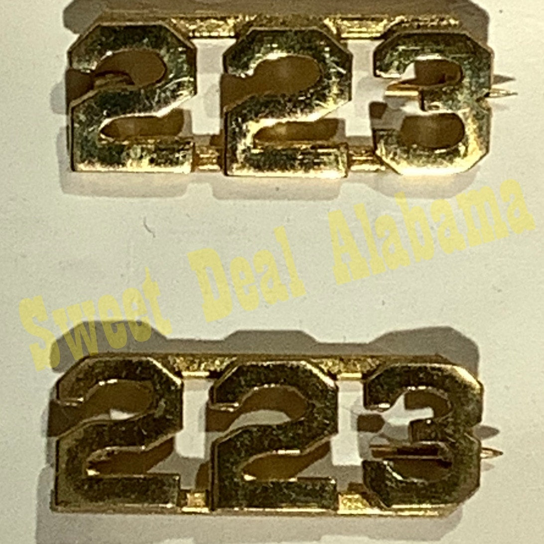 Early/Mid 1900s Brass C-Clasp "223" Collar Devices 3/8"H Hat / Lapel Pins Set