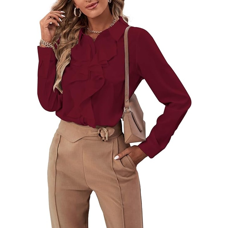 LYANER Collar Neck Button Down Ruffle Front L/S Blouse Shirt Top, S (4-6)