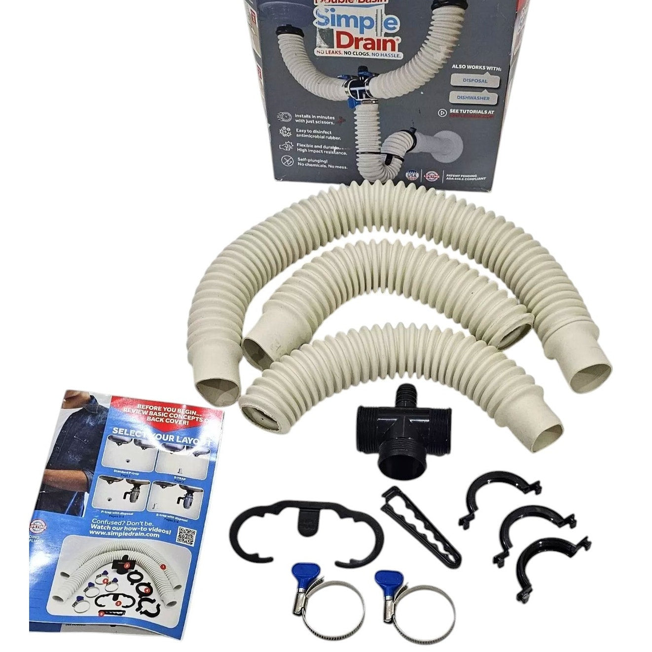 SIMPLE DRAIN 1.5" White Rubber Threaded All-in-One Drain Kit for Double Basin