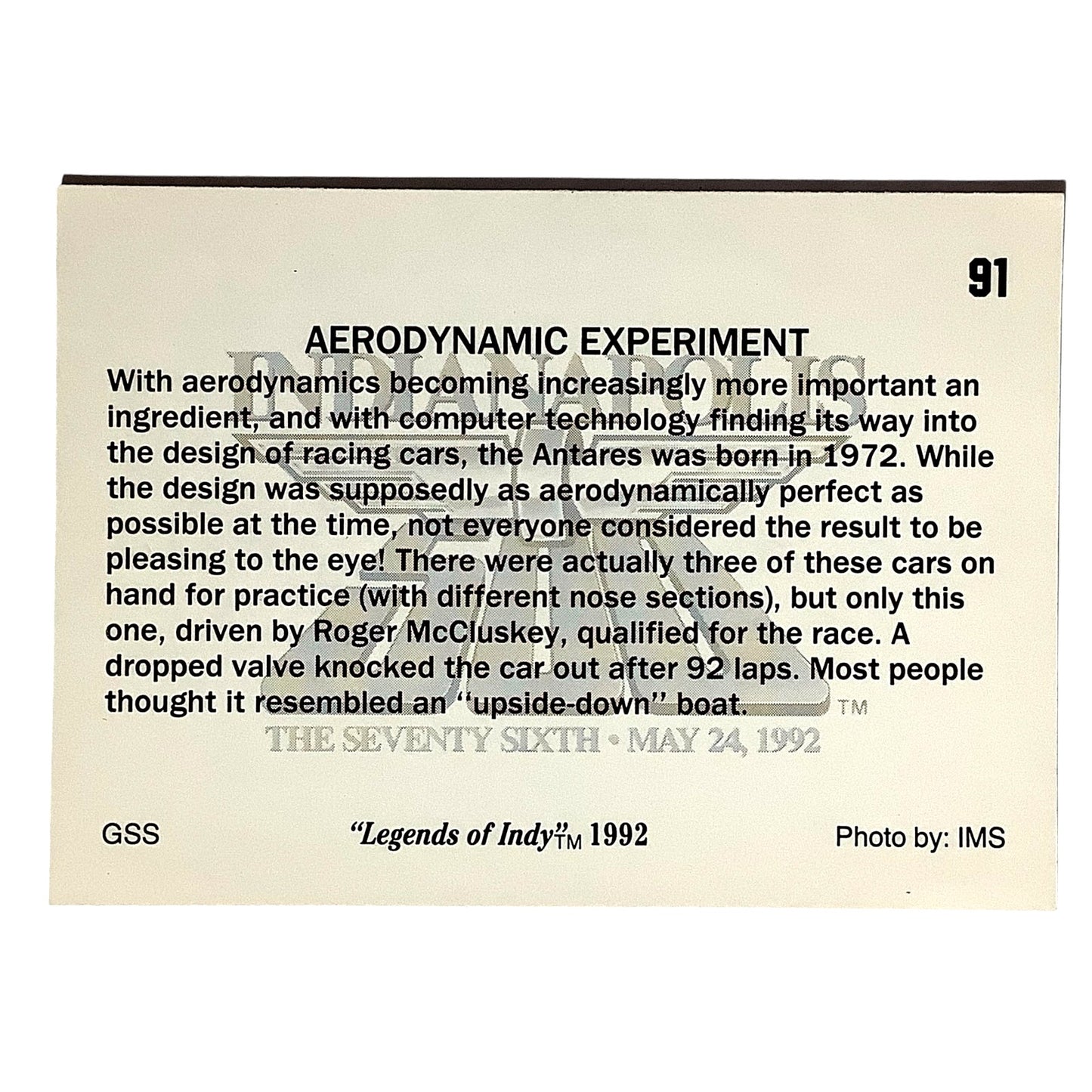 1972 Aerodynamic Experiment Indy 500, '72 Action, 1992 Legends of Indy, Card #83