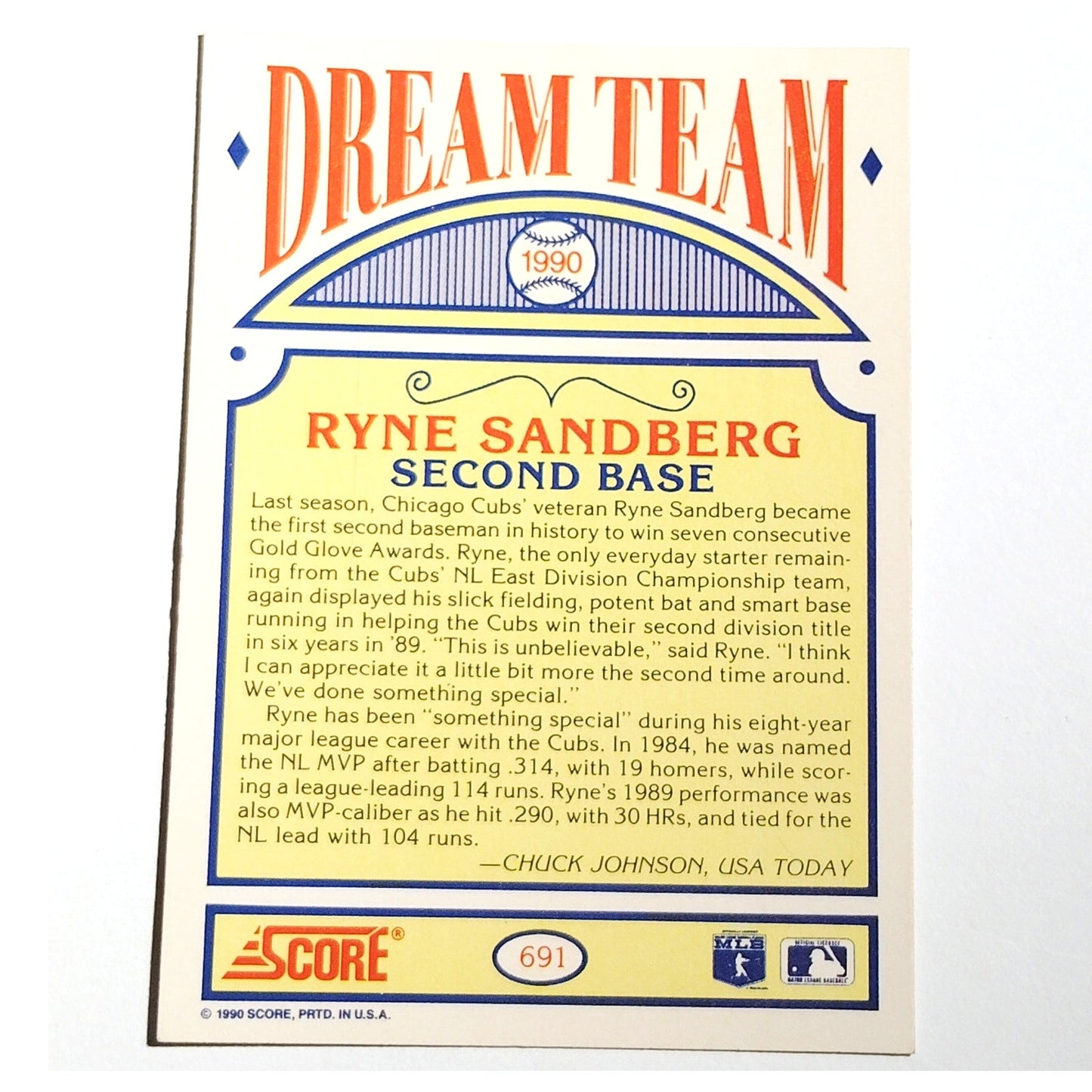 1990 Score Dream Team Ryne Sandberg #691 Chicago Cubs Portrait Card NM