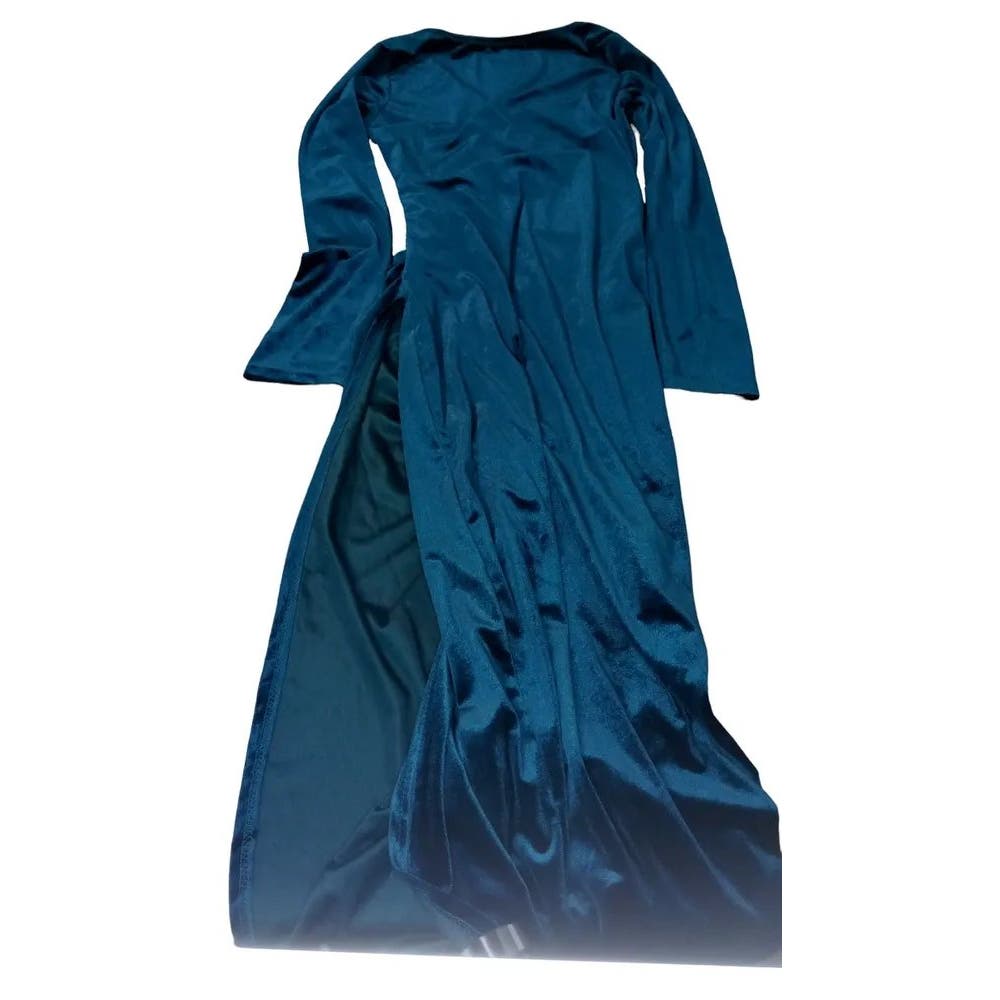 CYiNu V-Neck Wrap Velvet L/S Elegant Bodycon Ruched Maxi Dress, Peacock Blue, SM