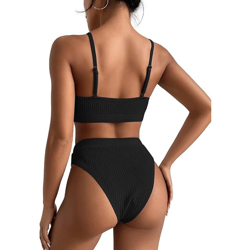 Ribbed Sporty Brazilian Cheeky Cut Leg Rise Bottom Crop Push Up, Black, Small