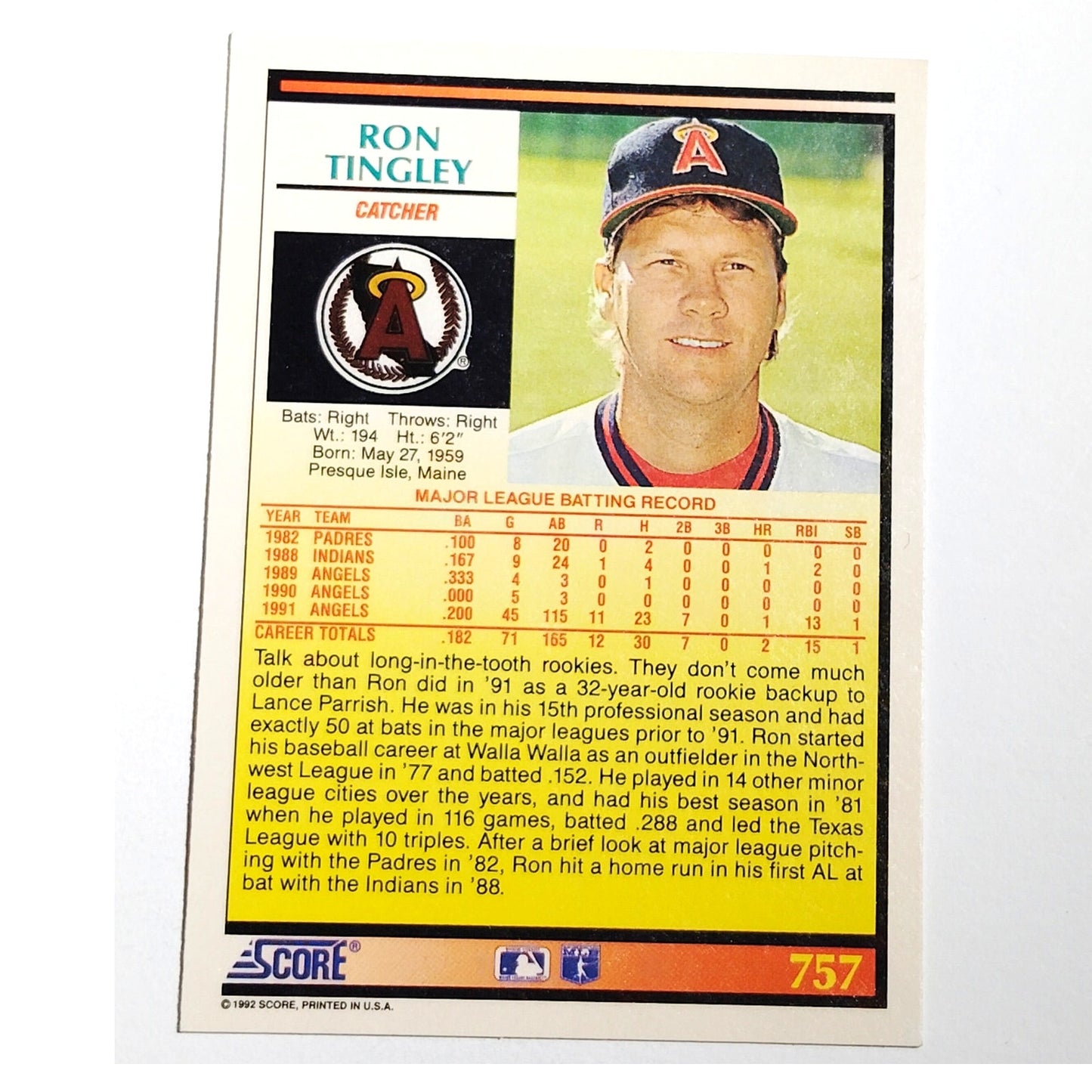 1992 Score Ron Tingley #757 California Angels C Rookie Prospect Baseball Card NM