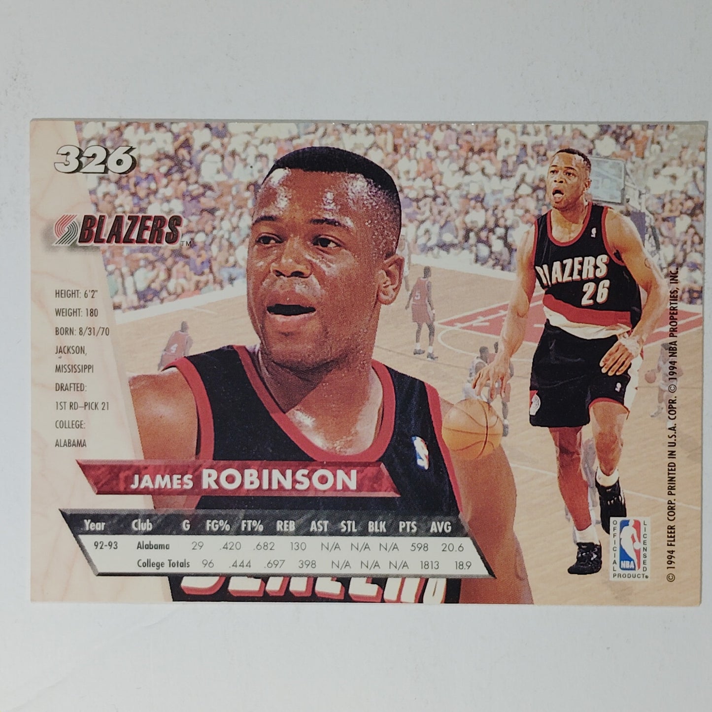 1993–94 Fleer Ultra James Robinson #326 – Portland Trail Blazers – NBA Card