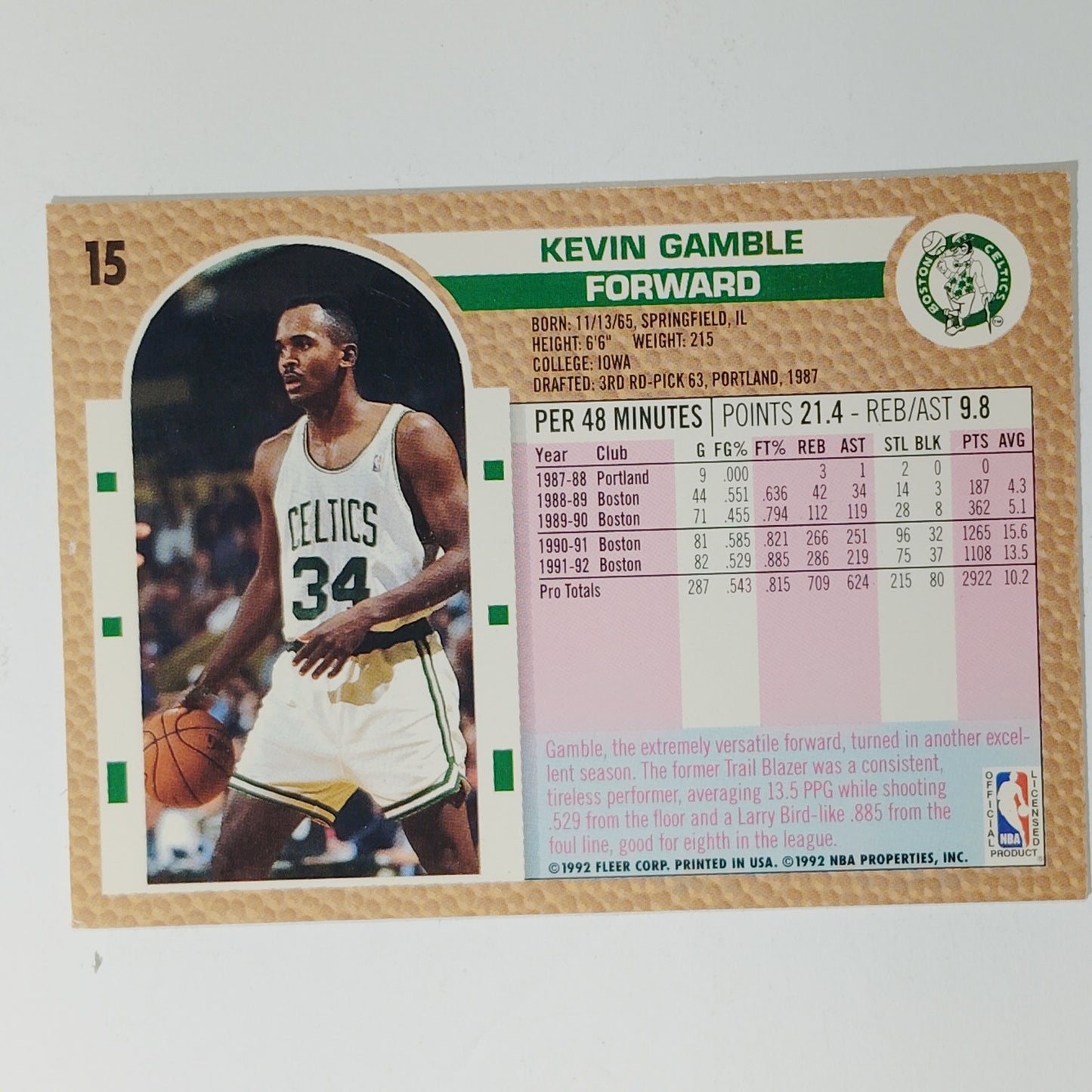 1992–93 Fleer Ed Gamble #15 – Boston Celtics – Guard/Forward – NBA Card
