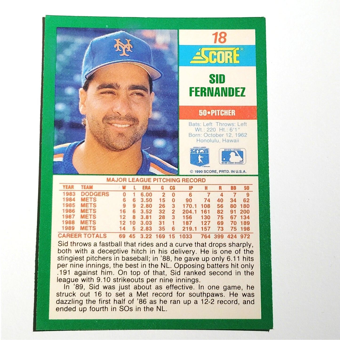 1990 Score Sid Fernandez Card No. 18 New York Mets P VG/EX