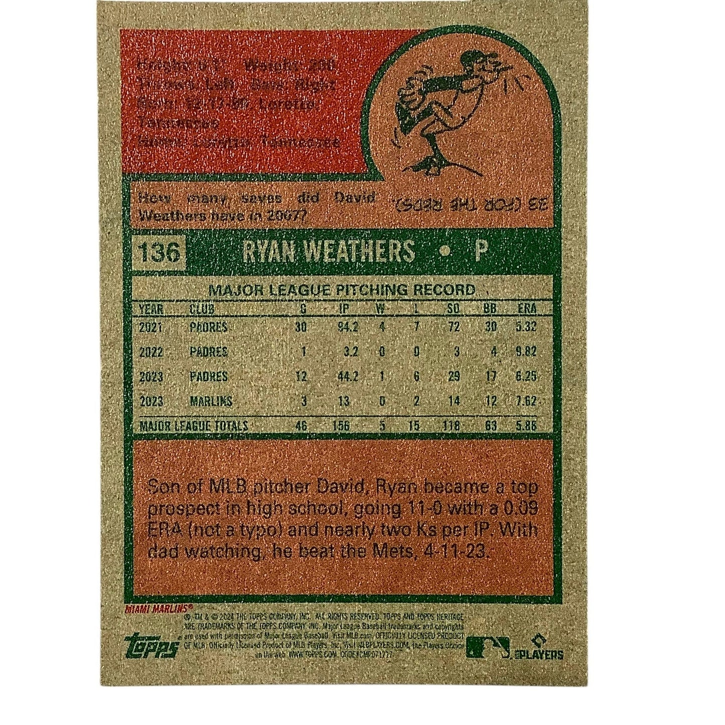 2024 Topps Heritage - Ryan Weathers, Florida Marlins P, Card #136, NM+