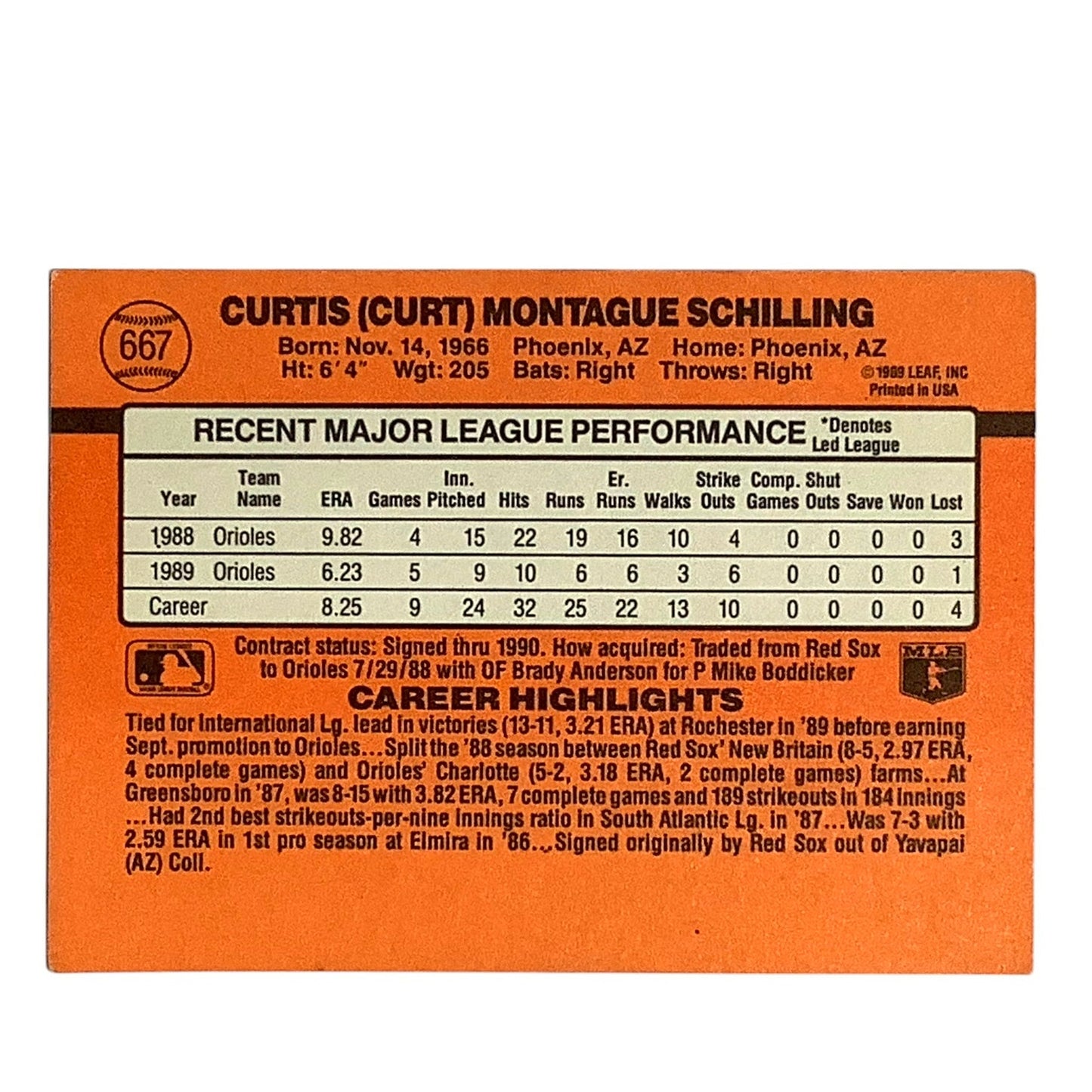 Curt Shilling, Baltimore Orioles, MLB, Donruss 1990, Card 667, EX/NM