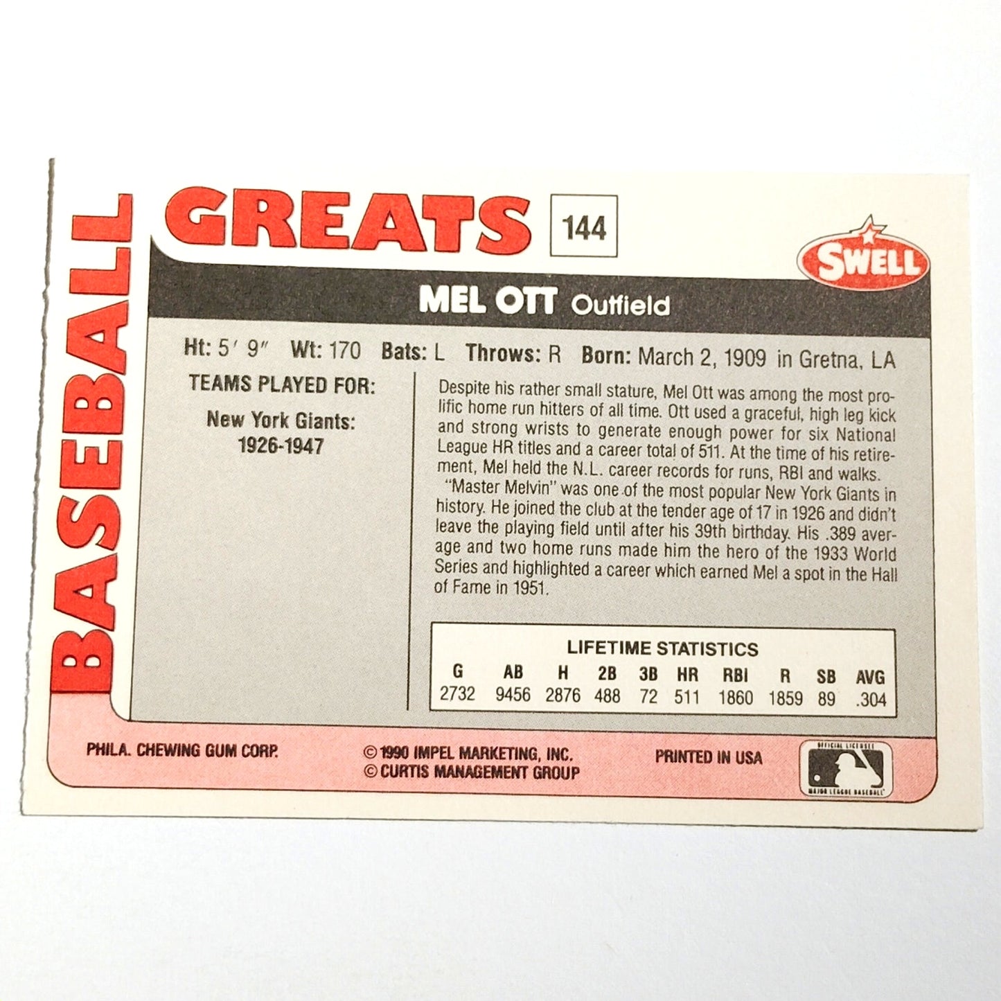 1991 Swell Baseball Greats Mel Ott #144 New York Giants OF Baseball Card NM