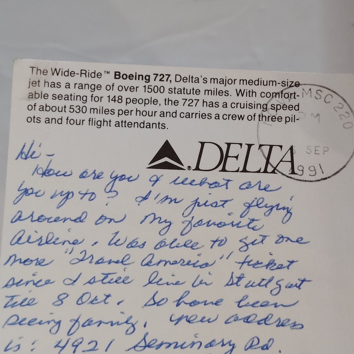Delta Air Lines Boeing 727 Wide-Ride Jet Vintage Postcard 1991 Postmark