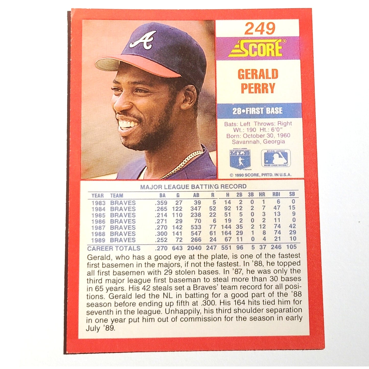 1990 Score Gerald Perry #249 Atlanta Braves First Baseman MLB Baseball EX