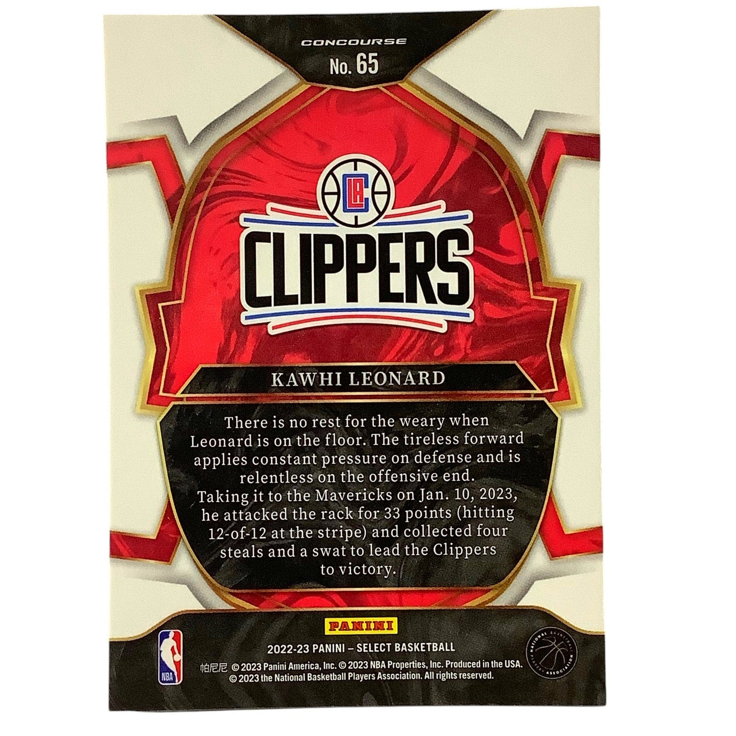 Kawhi Leonard Los Angeles Clippers, Concourse Card #65 2022-23 NBA Panini Select