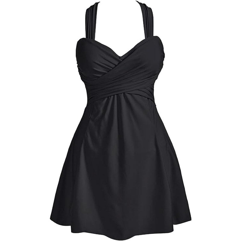 COCOPEAR Crossover One Piece Swim Dress Floral Skirted (FBA), Blk, L (8-10)