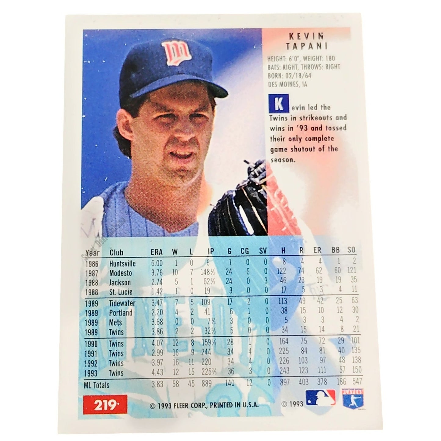 Kevin Tapani, Minnesota Twins, #219, 1994 Fleer Baseball Collector's Card