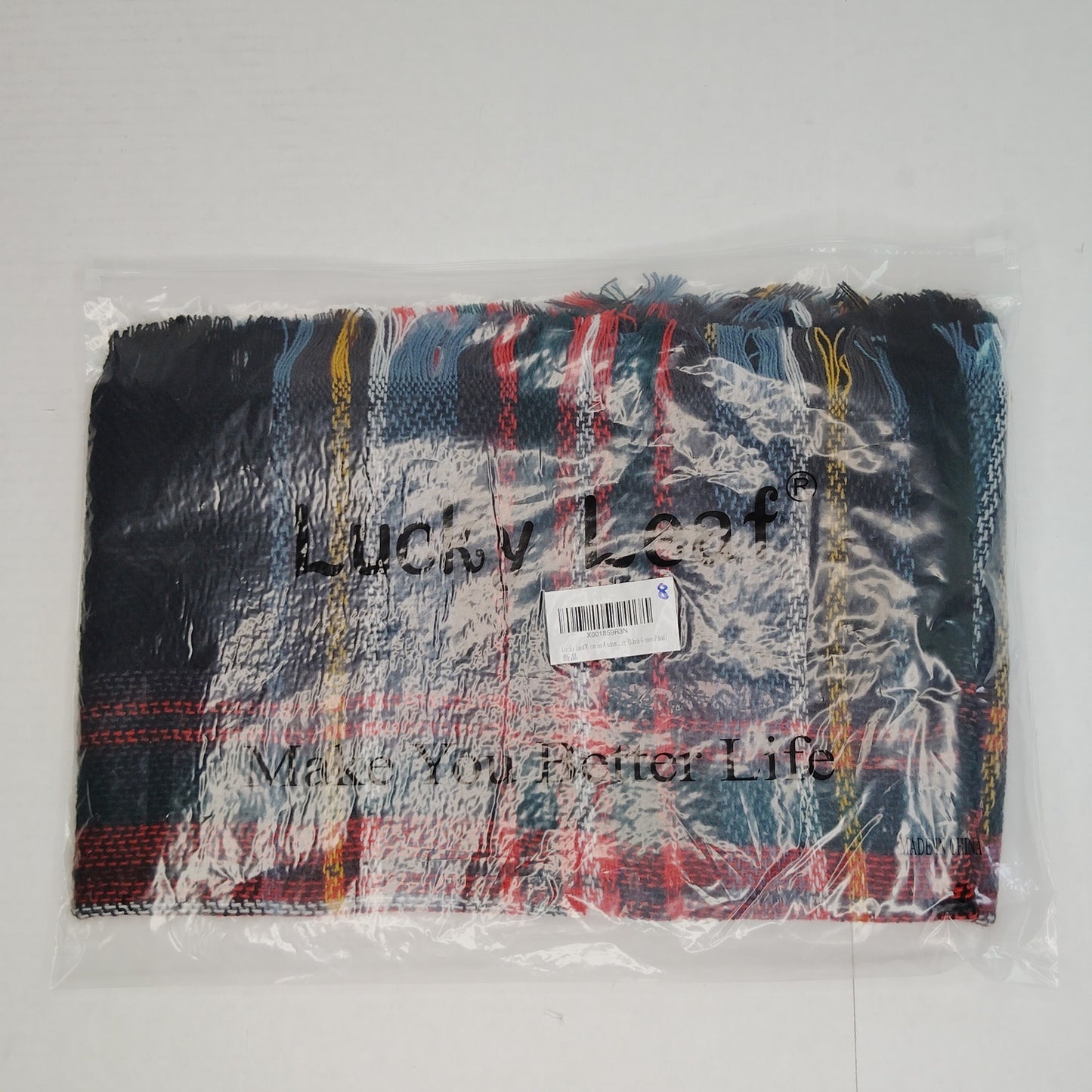 Lucky Leaf Infinity Scarf w/ Tassels Lightweight 100% Acrylic Black/Green Plaid