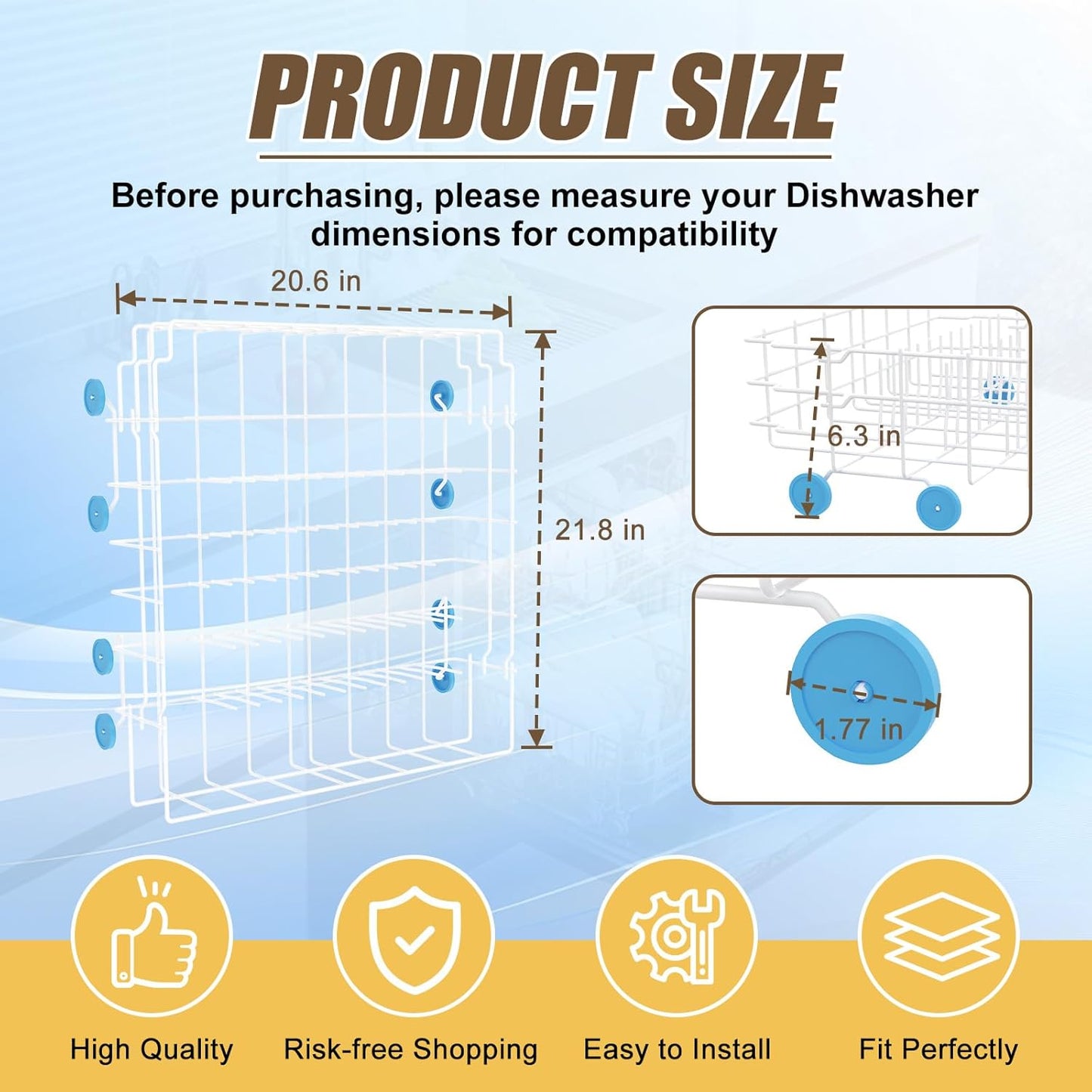 Dishwasher Lower Rack Fits Frigidaire/Kenmore, w/ Blue Wheels, Upgraded Coating
