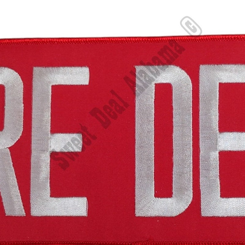 NOS, FIRE DEPT. 11" x 4" White Text, Red Background, Iron or Sew On Patch