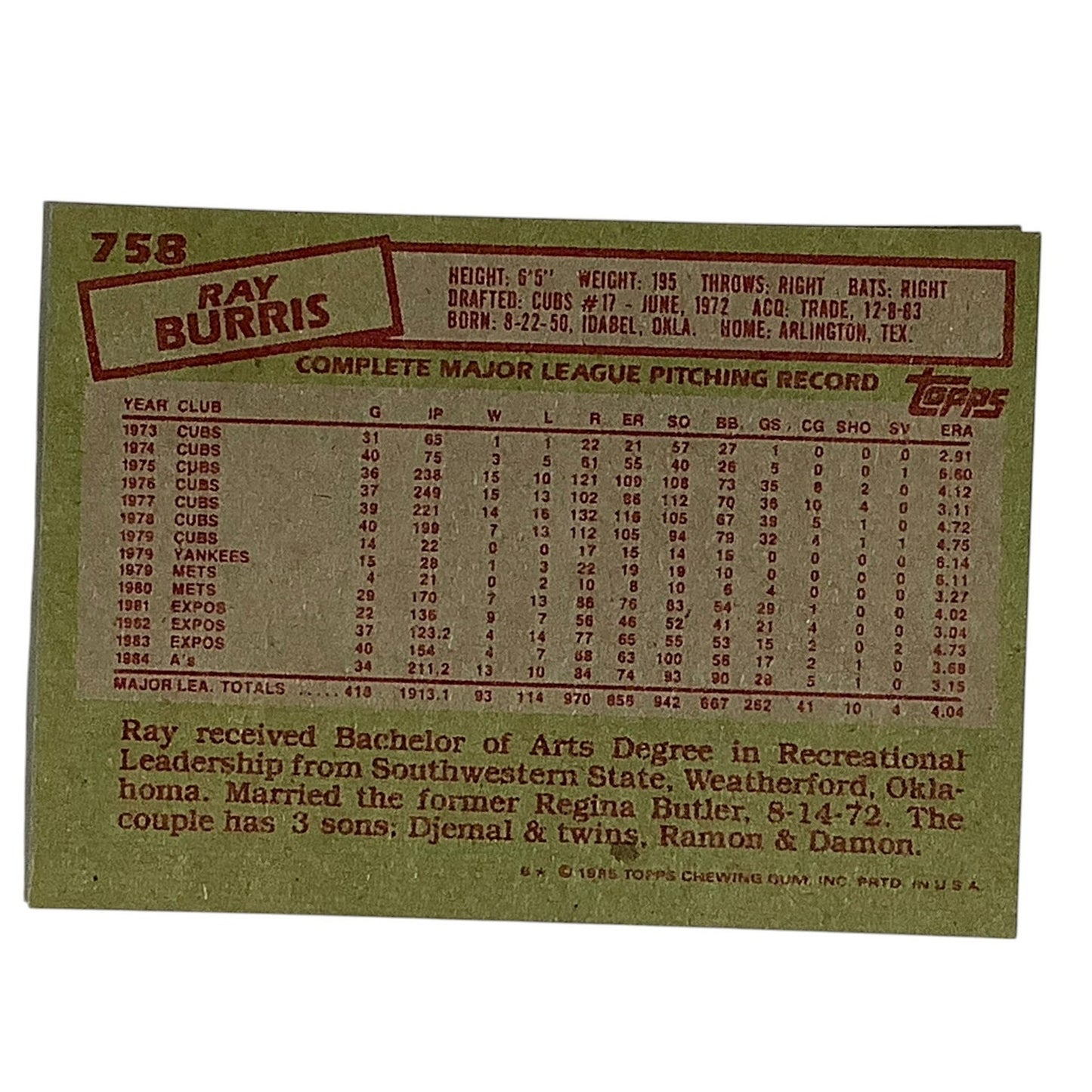 Ray Burris, Oakland Athletics (A's), MLB, 1985 Topps Card 758, EX/NM